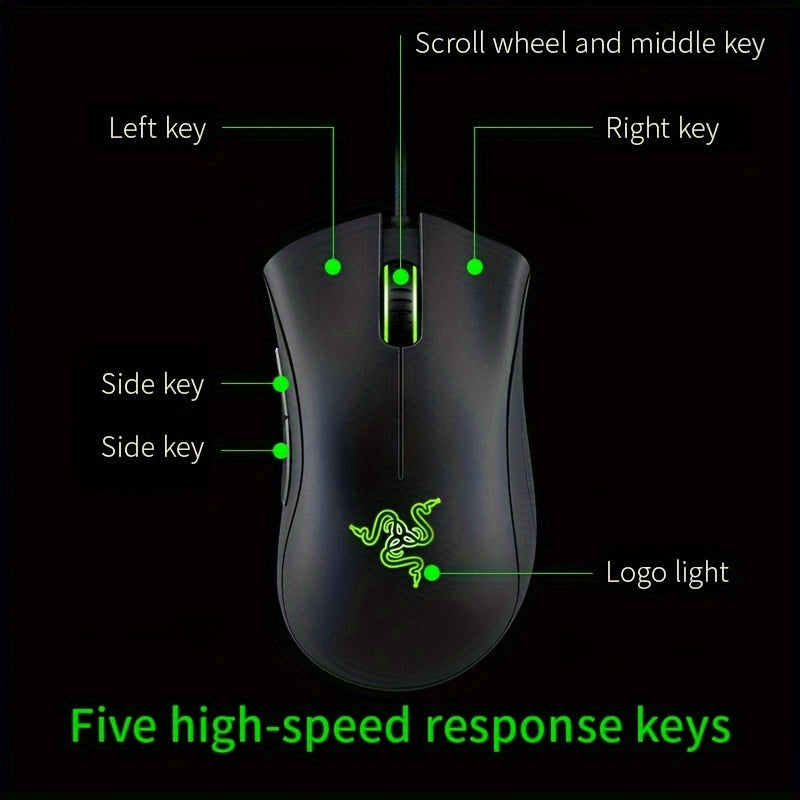 Игровая мышь Razer DeathAdder Essential с оптическим сенсором 16 000 DPI, подсветкой Chroma RGB, 7 программируемыми кнопками, механическими переключателями и резиновыми боковыми накладками.