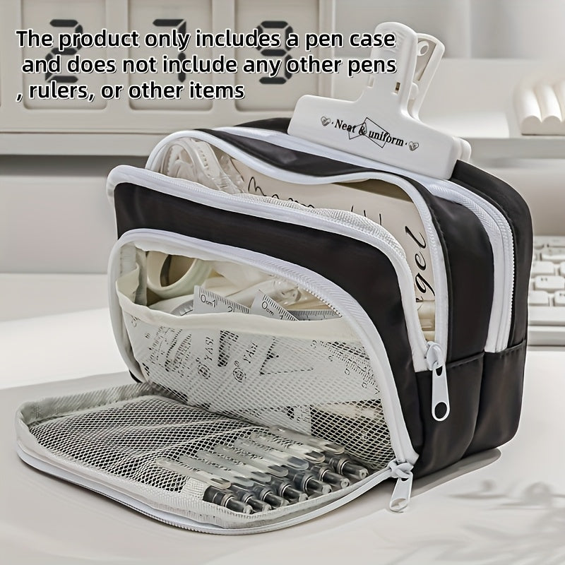 Large capacity pencil case with transparent window, durable Oxford fabric, perfect for students & office essentials.