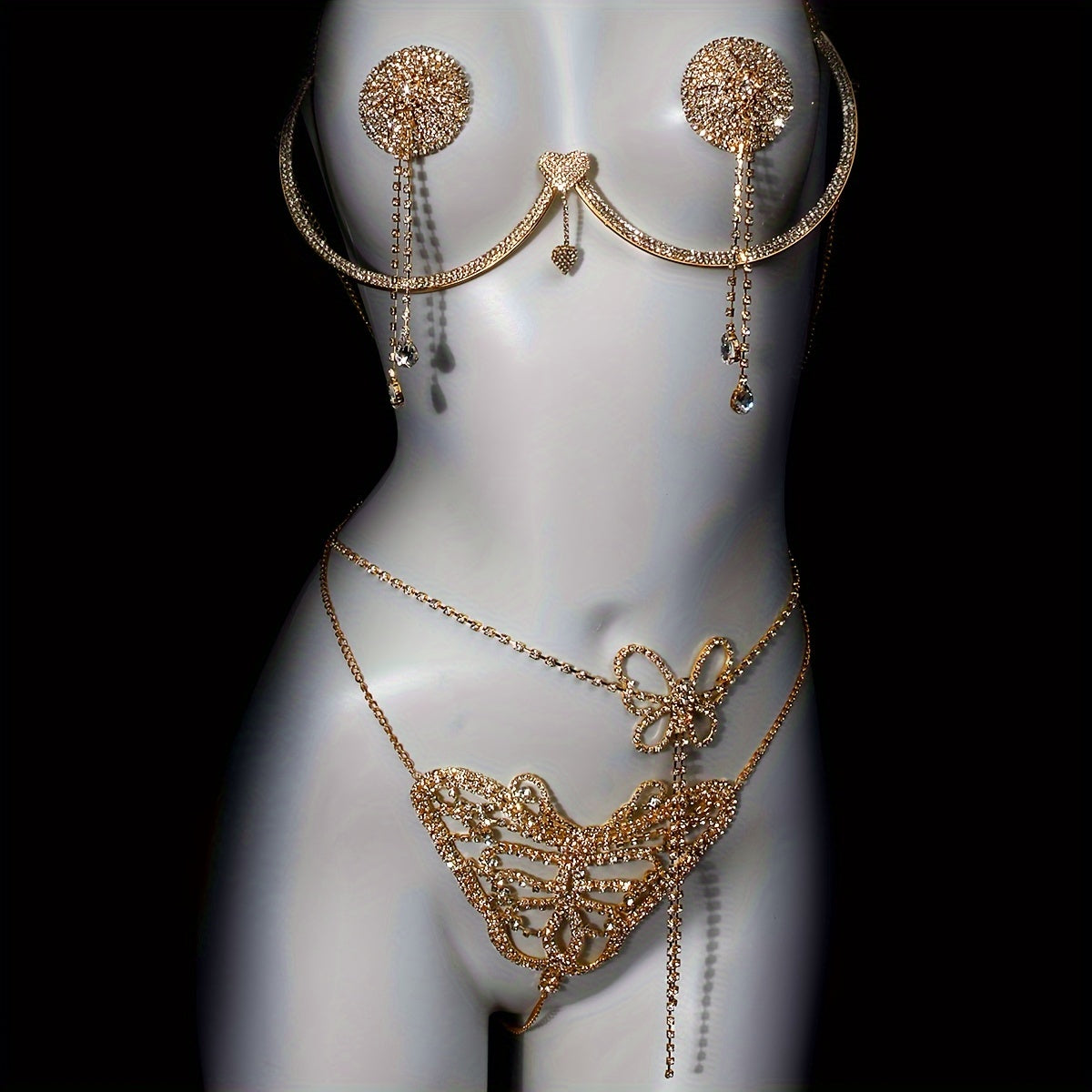 Collection of four pieces of women's alluring and glamorous rhinestone-embellished bikini thong body chain set