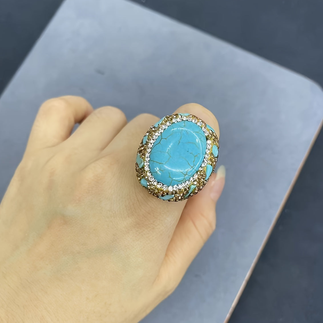 Handcrafted Ethnic Retro Jewelry - Adjustable Open Cocktail Ring with Turquoise Gemstone and Czech Artificial Diamond Inlay in Bohemian Vintage Style