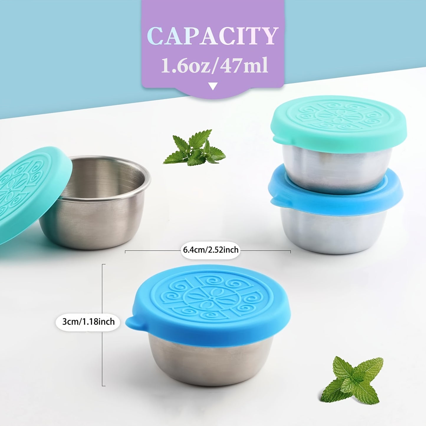 Salad takeout containers with 304 stainless steel sauce cups. Leak-proof silicone lids. Reusable and suitable for lunch boxes, work, school, picnic, and travel. Perfect back-to-school lunch box accessory. Available in 2, 4, or 8 piece sets.