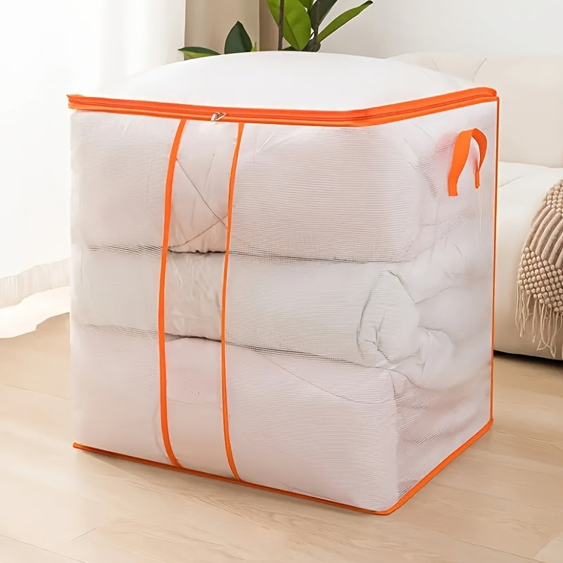 Large capacity transparent PVC storage bag with fixed handles, waterproof and dustproof, ideal for organizing dorm clothes and bedding, as well as providing a practical under-bed storage solution in the bedroom.