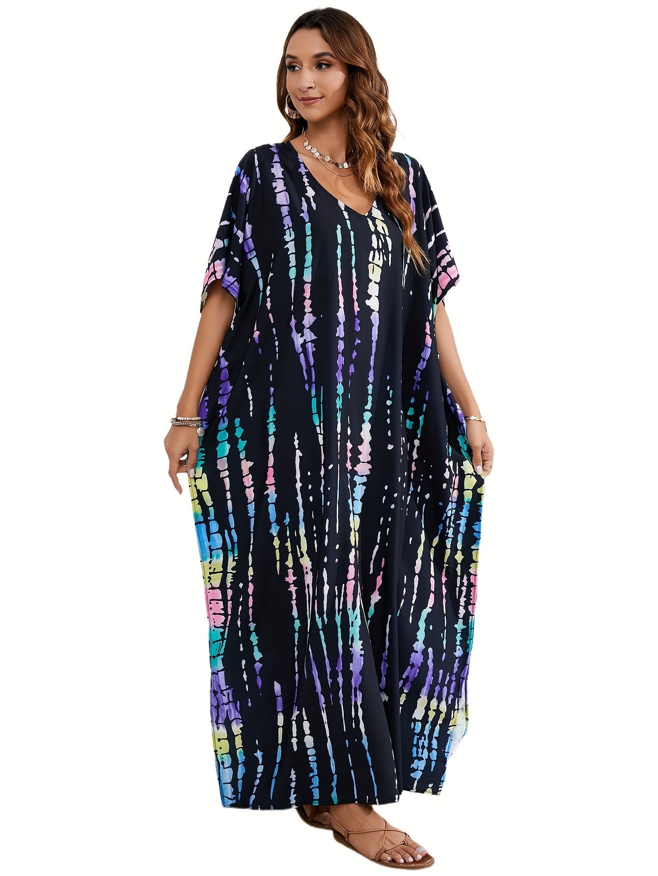 Plus Size Boho Cover Up with Tie Dye Stripes and Batwing Sleeves