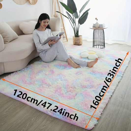 Soft and colorful striped rainbow area rug, suitable for machine washing. This high pile, braided weave rug is made of lightweight polyester, perfect for your bedroom or living room. Ideal for decorating during Halloween, Christmas, or Easter.