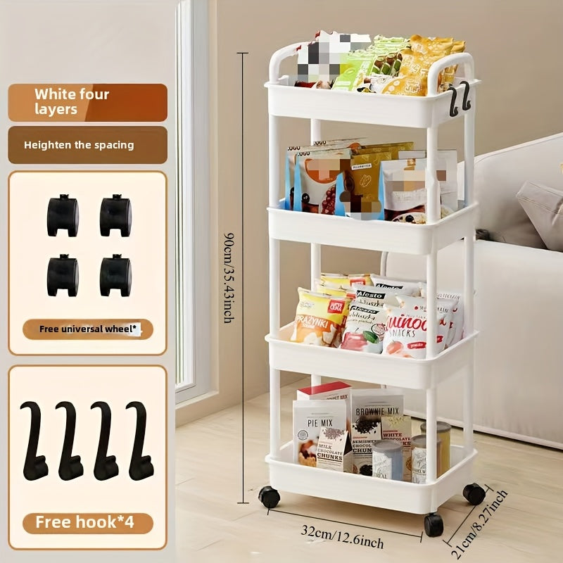 Durable plastic storage cart with multiple tiers for organizing kitchen, bathroom, and bedroom. Easy to assemble with baskets, bins, and containers for home organization.