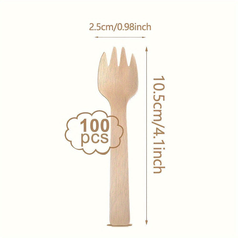 100 pieces of disposable birch wooden mini forks measuring 10.16 cm, perfect for parties and gatherings like Mardi Gras, graduations, birthdays, Christmas, weddings, and camping. Ideal for serving cake, dessert, and ice cream.