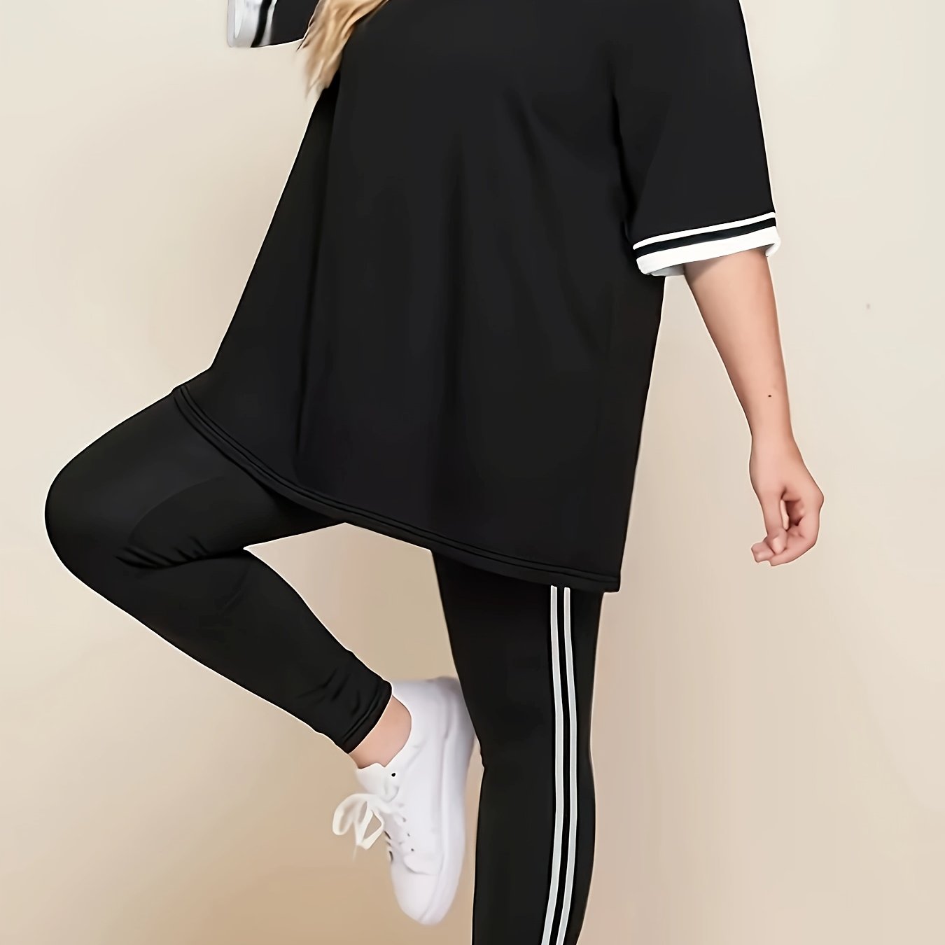 Plus Size Casual Sports Loungewear Set- Striped Print, Soft Polyester & Elastane Blend, Short Sleeve Top with Ruffle Detail, Comfortable Knit Fabric, All-Season Wear for Women, Plus Size.