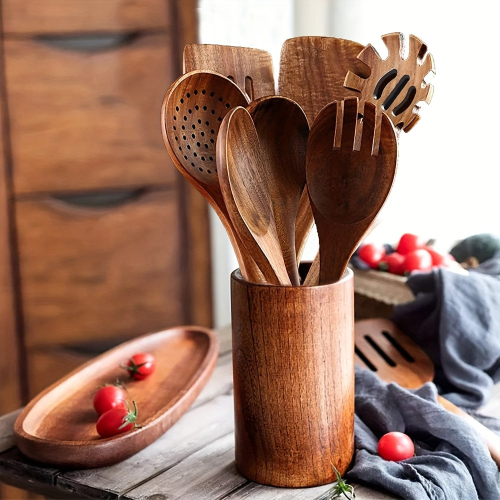 Set of 7 cooking utensils made of premium wood, including a shovel and spoon, designed for heat resistance and use with non-stick pans. Also includes a salad spoon and fork, perfect kitchen accessories for cooking.