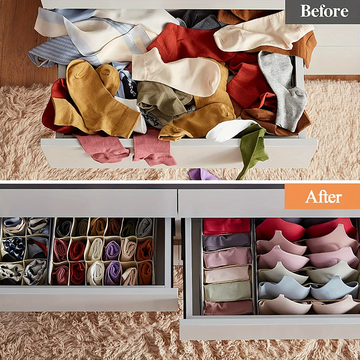 These 4 Foldable Non-woven Fabric Storage Boxes are designed specifically for organizing underwear, bras, socks, and other clothing items. Keep your wardrobe neat and tidy with these convenient compartment storage boxes that can easily be folded away