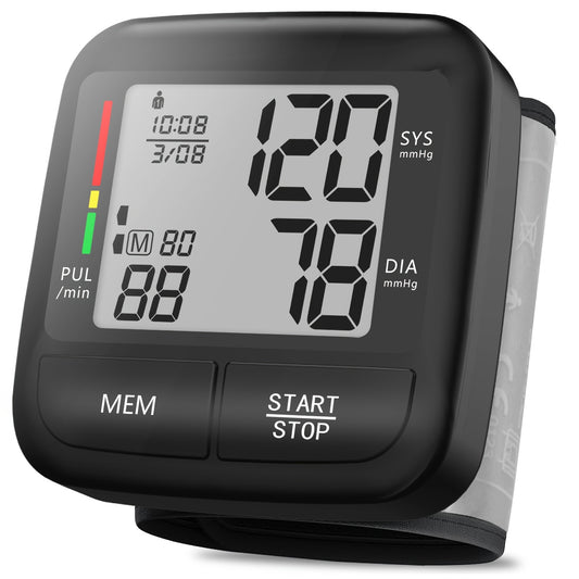 Portable wrist blood pressure monitor with large LCD display, automatic digital device, includes wrist strap and PP box.