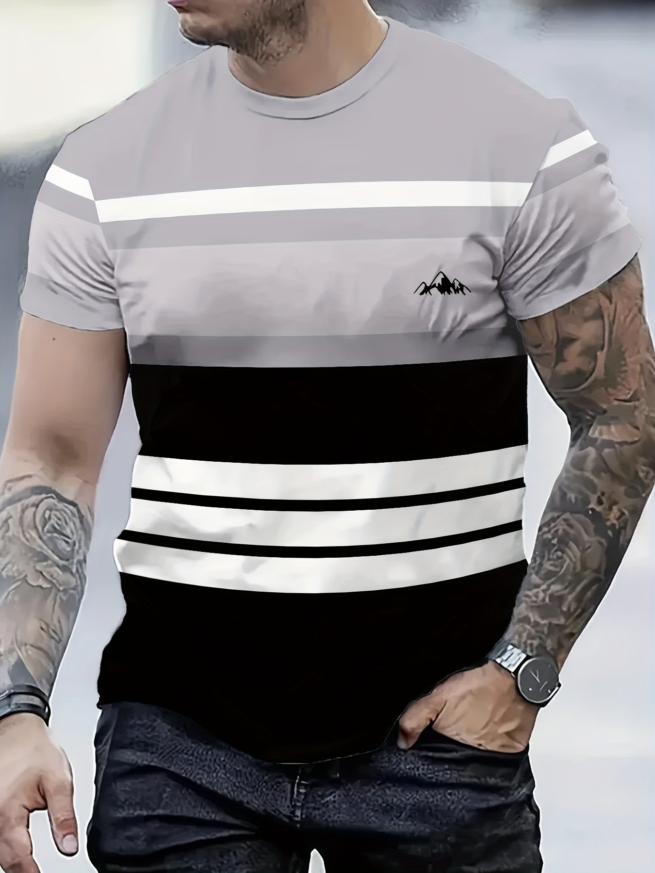 Men's Fashion Striped T-Shirt: 100% Polyester Crew Neck with Solid Color Knit Fabric, Regular Fit Tee for All Seasons