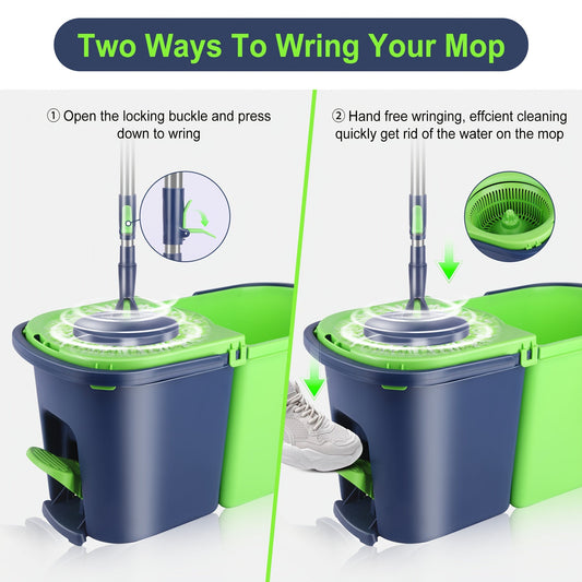 Introducing the MySpry Spin Mop and Bucket Set - A Heavy Duty Floor Cleaning System with Wringer. Say goodbye to needing electricity as this set is perfect for use in your Living Room, Bedroom, or even outdoors. Made of durable plastic material in a