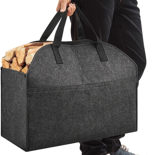 A durable and waterproof firewood tote bag made of non-woven fabric, measuring 55.88cm x 25.4cm x 43.18cm. This portable log carrier is perfect for various purposes and can be hand washed. Features a sleek no-print design.