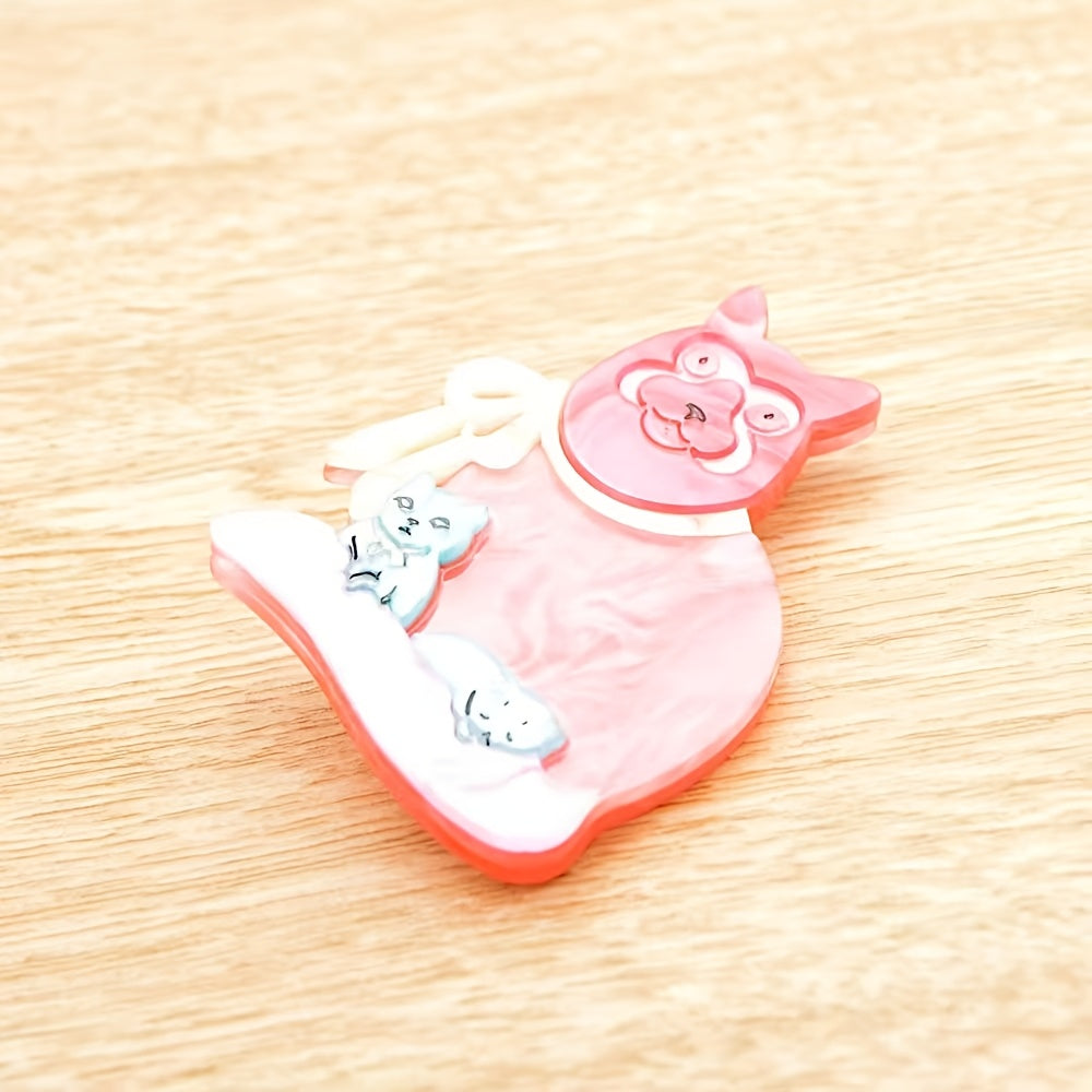 Fashion Pin featuring a Cute Cartoon Animal Design of a Cat Mom and Kitten, Handcrafted from Acrylic