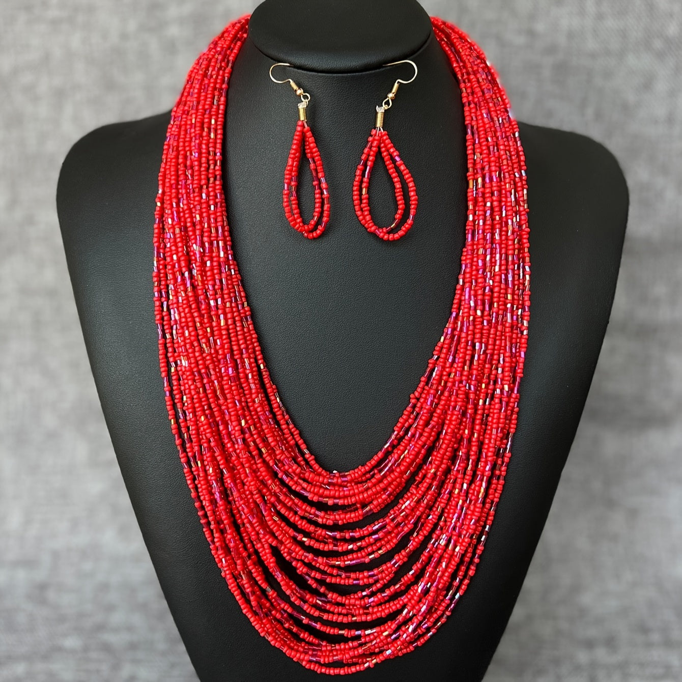 Set of Bohemian Ethnic Style Multi-layered Red Rice Bead Glass Tube Necklace and Earrings, Perfect for Daily Parties - Women's Accessories