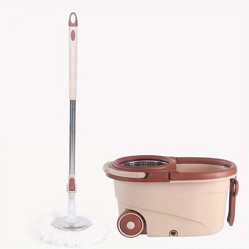 Large capacity 360° rotating spin mop and bucket set with stainless steel handle. This dual-use wet and dry mop features wheels for easy maneuverability and an easy press system for efficient cleaning. Perfect for use indoors and outdoors, no electricity