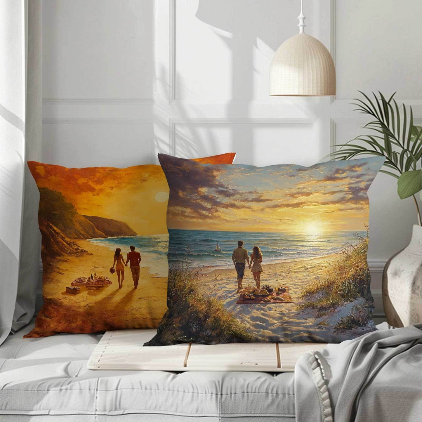 Coastal Sunset Beach Walk Cushion Covers set of 4, featuring a contemporary style with a fantasy theme. Perfect for all seasons, these pillowcases have a zipper closure for easy removal and are machine washable. Made of polyester, they are ideal for