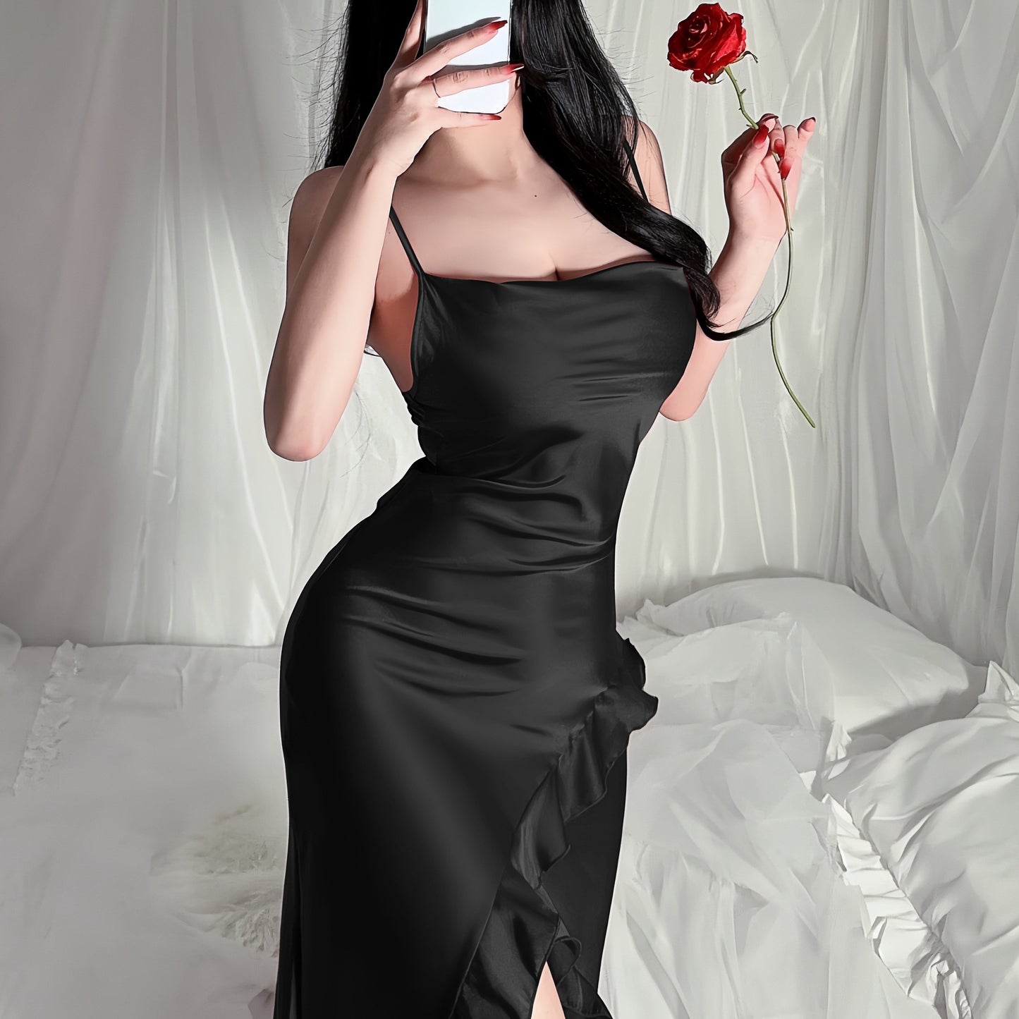 Long dress with thin suspenders and open back, featuring irregular ruffled slit design.