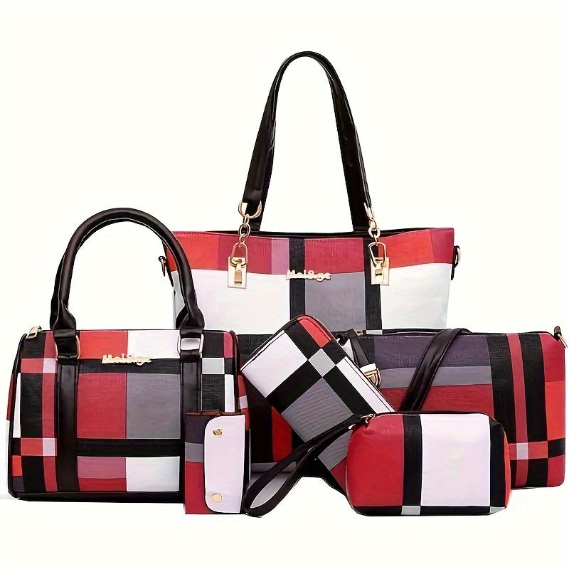 6-piece set of checkered pattern shoulder bags including a handbag, crossbody bag, clutch bag, long wallet, and short wallet.