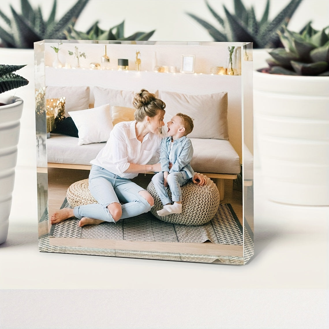 Personalized acrylic photo block for couples featuring a love story picture display. Perfect anniversary or romantic gift. Suitable for ages 14 and up. One piece included.