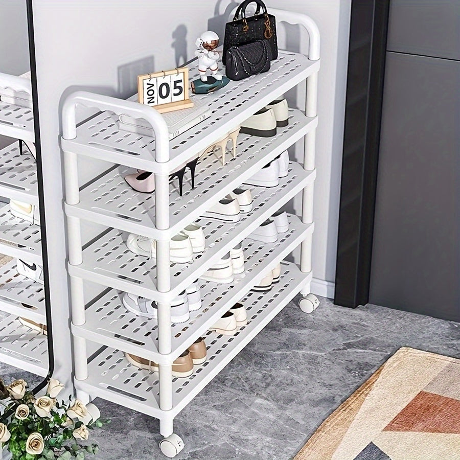 Free Standing Multi-Layer Plastic Shoe Rack with Wheels, Holds Many Shoes, Perfect for Dorms and Rentals, Easy to Assemble