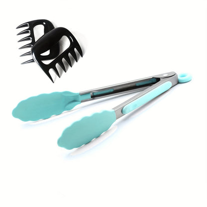 Set of 2 kitchen tongs made of stainless steel with silicone tips, along with a set of 3 meat shredder claws. These multipurpose accessories are perfect for BBQ and cooking tasks, made to handle both metal and plastic food processors.