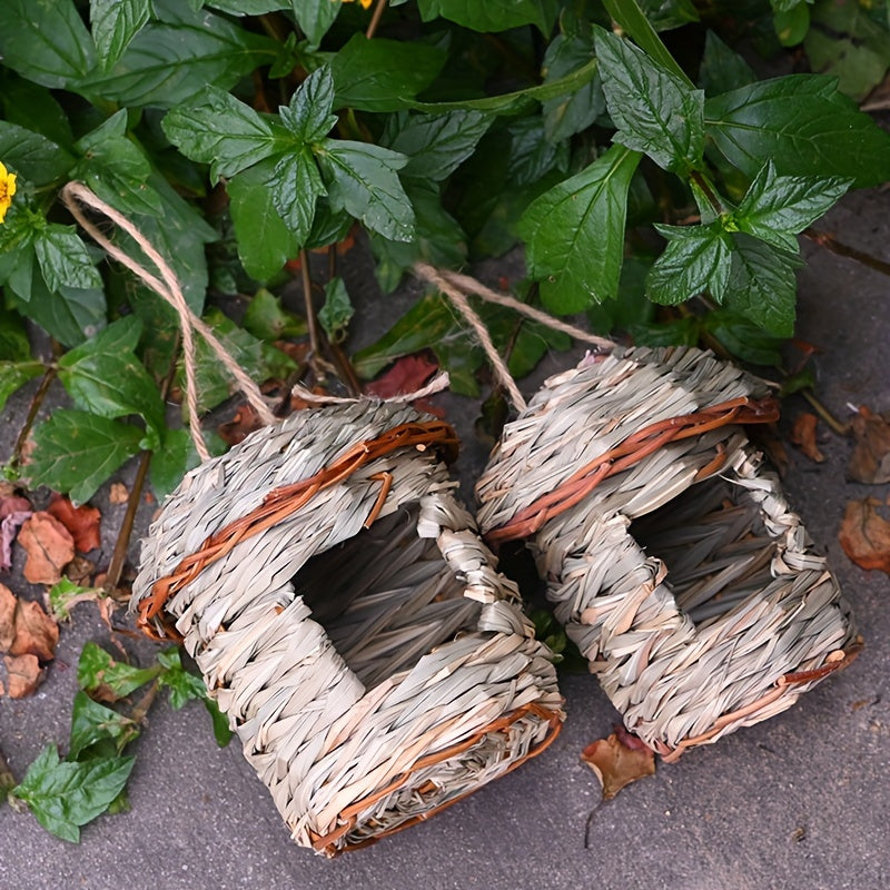 Handmade straw birdhouse for garden decor, attracts various bird species incl. toucans.