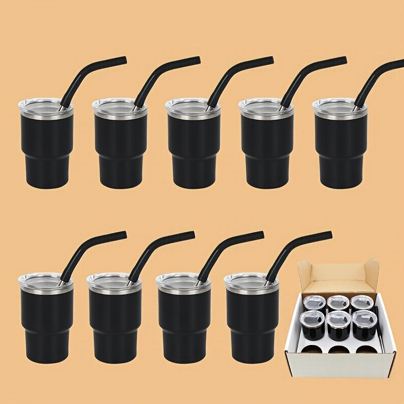 9 stainless steel shot cups with lids and straws, perfect for home or commercial use.