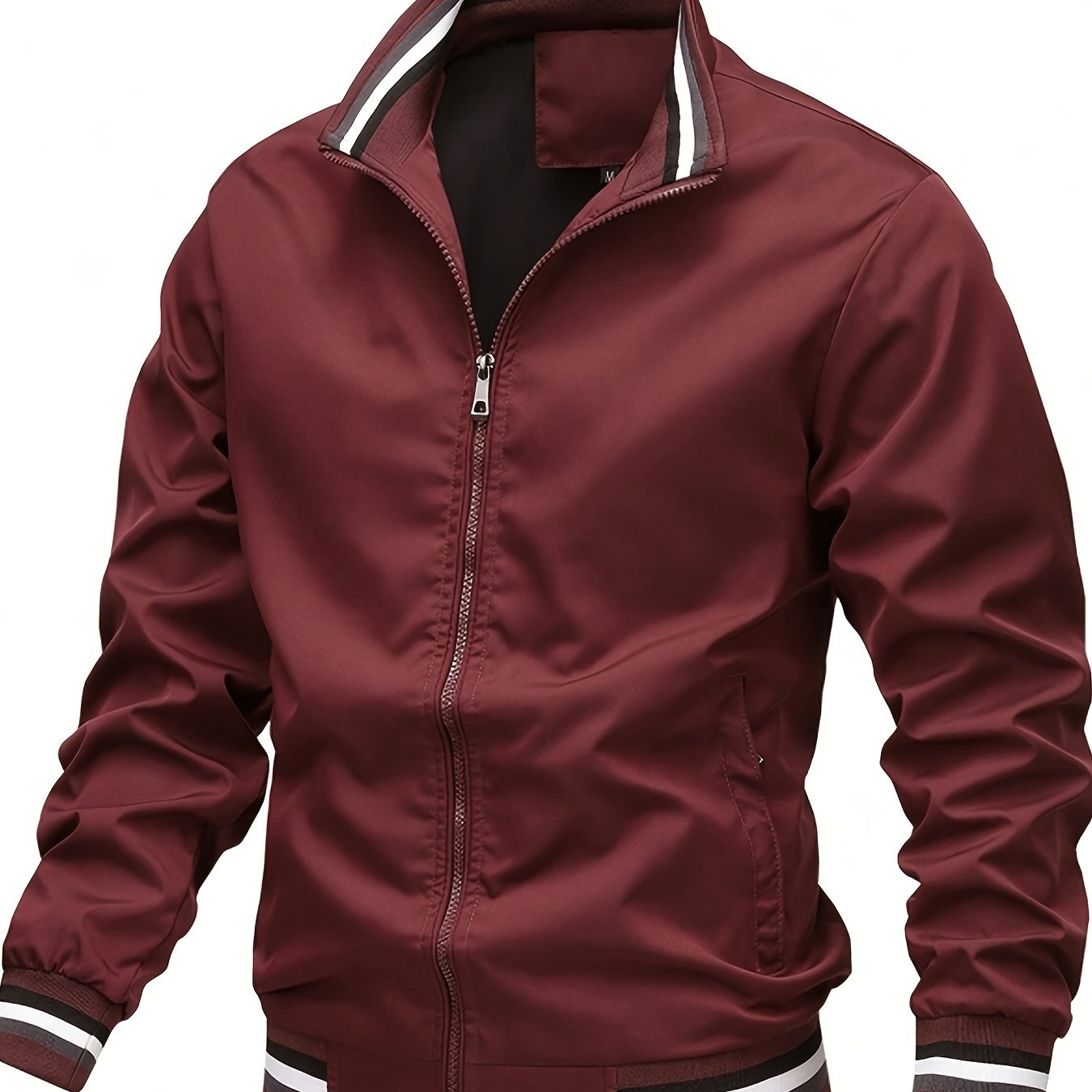 Men's lightweight bomber jacket with stand collar, zipper placket, and long sleeves. Made of 100% polyester for hiking and casual wear.