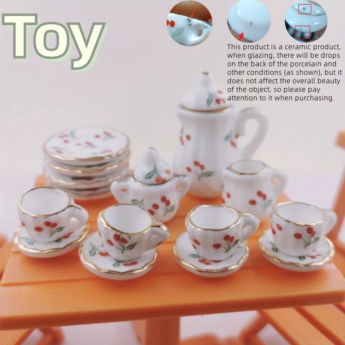 Miniature Chinese Tea Set - 15 pieces, 1:12 scale ceramic dollhouse accessories with floral pattern porcelain kitchen decor, ideal DIY gift