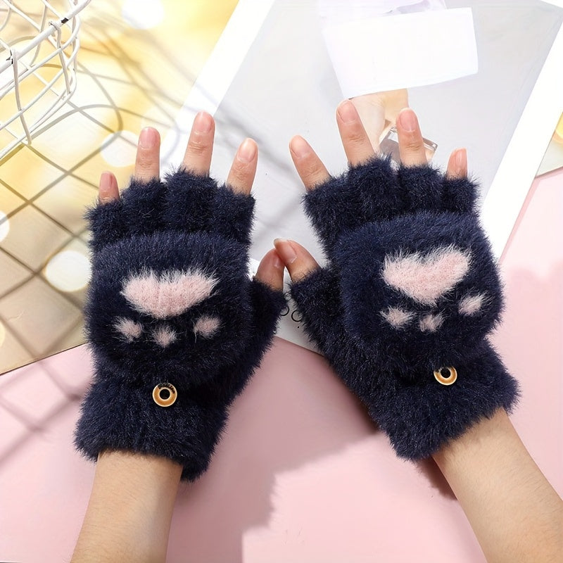 Hand Washable - Convertible Mitten Flap Casual Acrylic Gloves with Cartoon Cat Claw Design, Elastic Knit Winter Gloves Providing Non-Slip Grip and Windproof Protection. Perfect for Weekend Casual Wear.