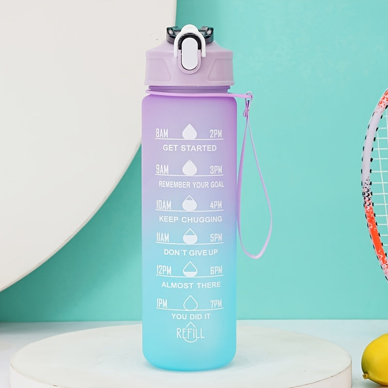 Gradient design sports water bottle with leakproof, portable, and large capacity, ideal for outdoor activities and daily use. Comes in transparent and gradient variations.