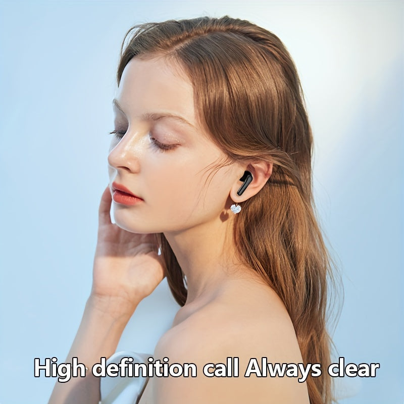 Wireless earbuds with mini design, long battery life, dual stereo sound, touch control, crystal microphone, Type-C charging port, and universal phone control. Suitable for adults for