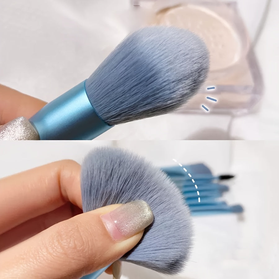 8 soft, portable facial makeup brushes in blue for entry-level beauty tools. Includes eyeshadow, nose shadow, blush, lip brush, eyelash comb, and travel powder brush. Ideal gift for beauty