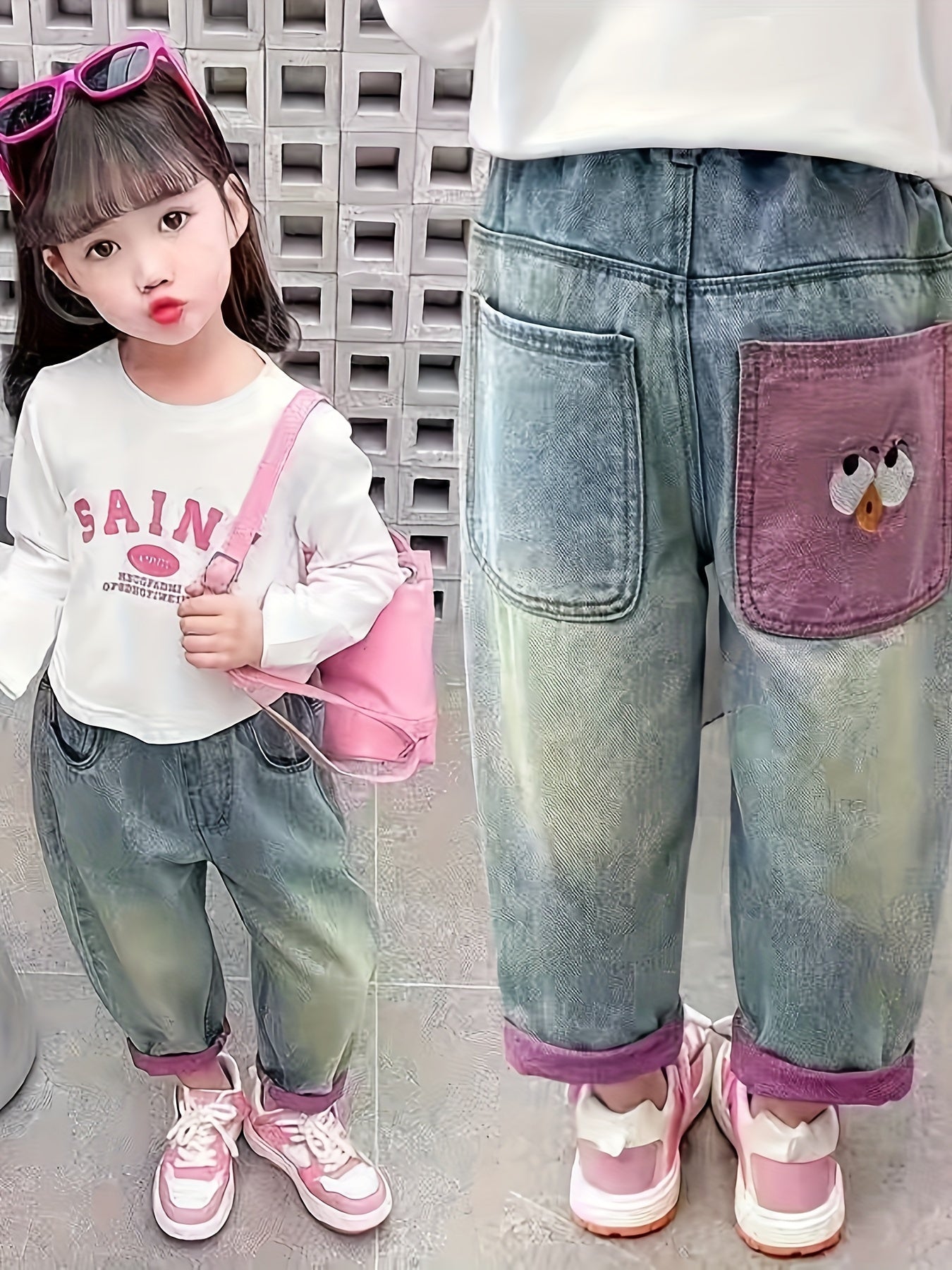 Cute cartoon print denim jeans for girls - comfy loose fit, machine washable, perfect for spring/fall