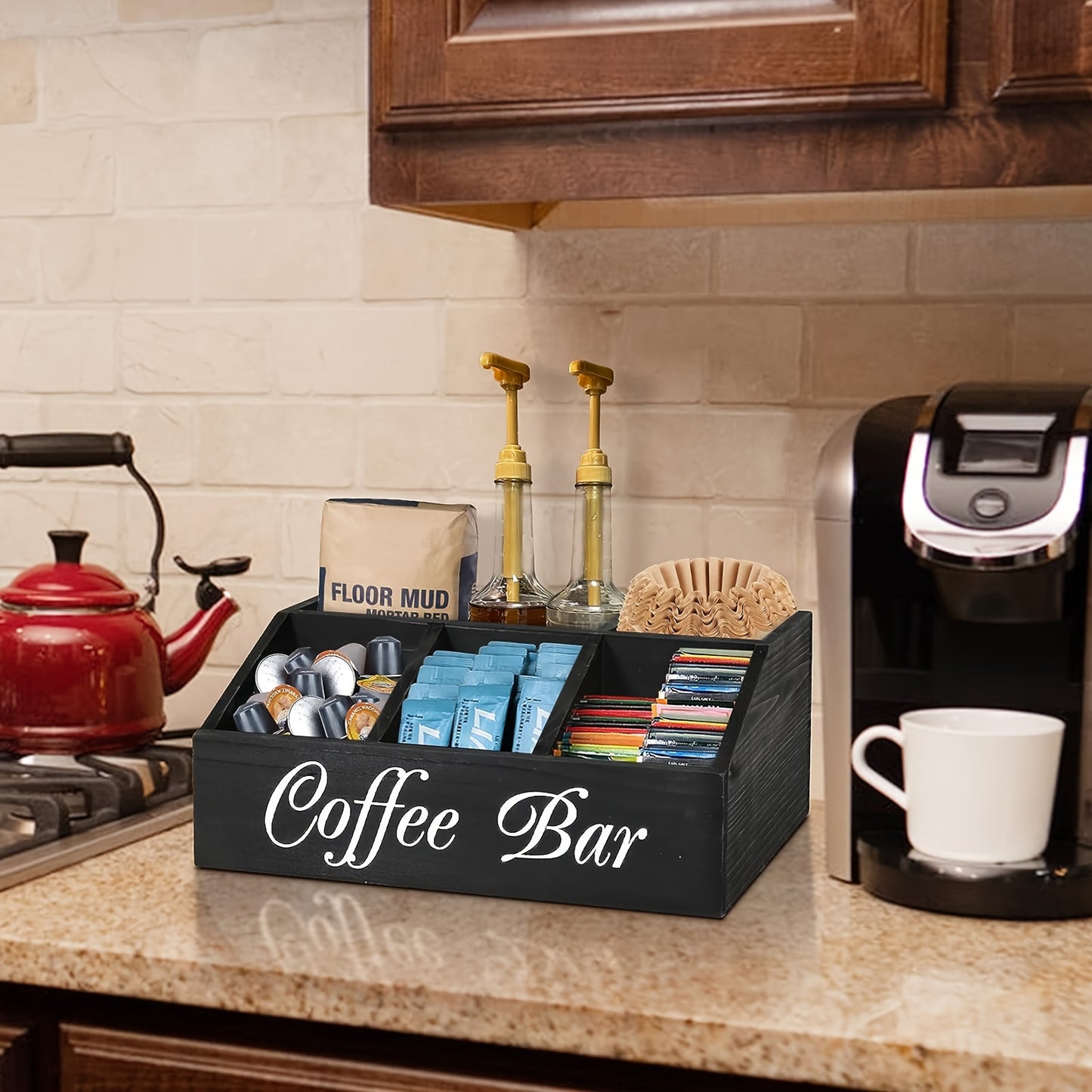 Wooden coffee station organizer for coffee and tea condiments, pods, and accessories; perfect for home organization and decor.