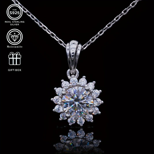 Sunflower Moissanite Jewelry Set in S925 Silver Plating, Includes Hypoallergenic 1CT Pendant and 0.5CT Earrings, Total Weight of 2.5g/2.2g. Perfect for Mother's Day, Features an Elegant Party Style with a Tennis Chain and Comes in a Sparkling Gift Box.