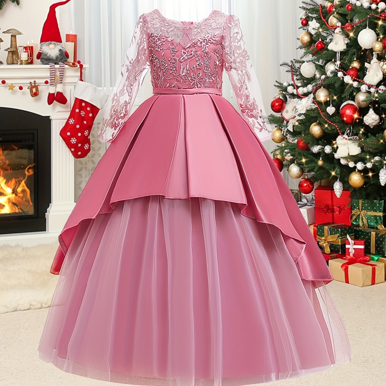 Stylish long sleeve tulle wedding dress with crew neck, polyester viscose fabric, and bow detail. All-season fit and flare costume for a princess-like look.