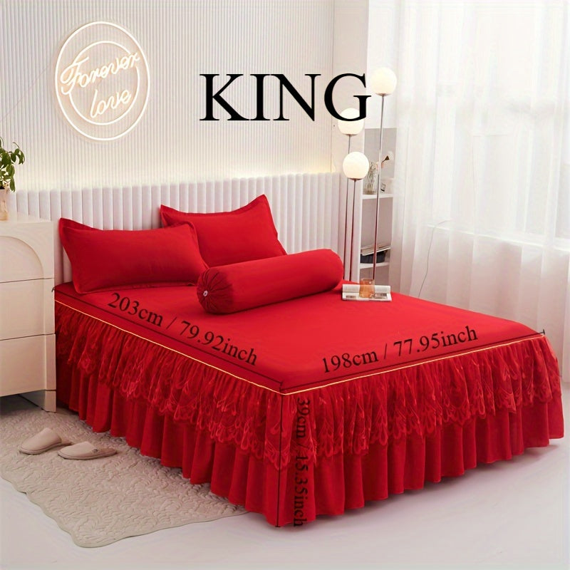 Chic 3-Piece Bed Skirt Set Featuring Double Layer Lace - Comes with 1 Bed Skirt and 2 Pillowcases, in a Solid Color. Non-Slip and Perfect for All Seasons, this Set is Machine Washable for easy care.