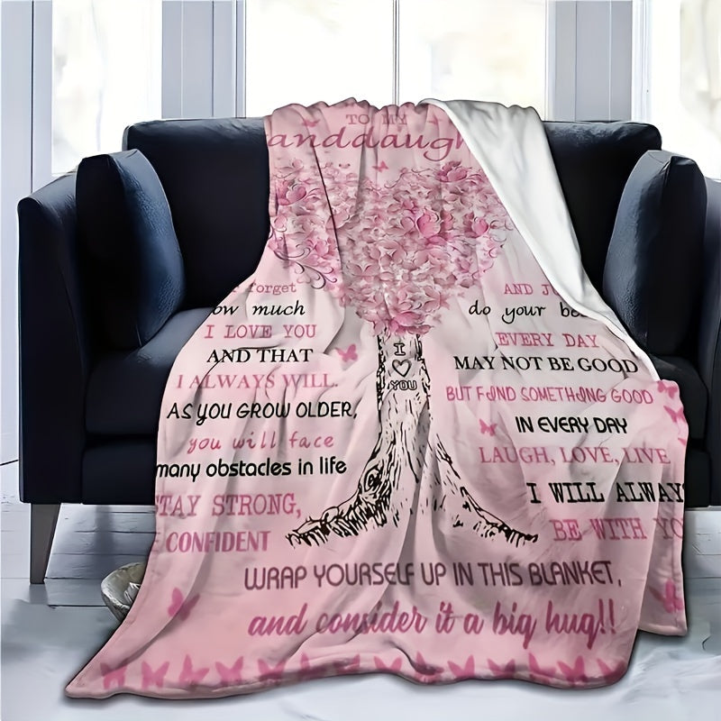 Pink Love Tree Printed Flannel Blanket, 1 Piece Gift from Grandma to Granddaughter - Warm Cozy Soft Throw Blanket for Couch Bed Sofa Office Camping