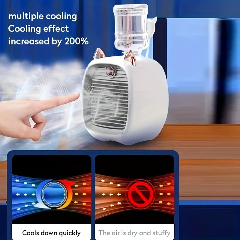 Mini air conditioning fan with USB charging and water-cooling feature, perfect for desktop use. Comes with three gears and a 1200mAh battery. Can also be used as a humidifier. Ideal as a family birthday gift for friends.