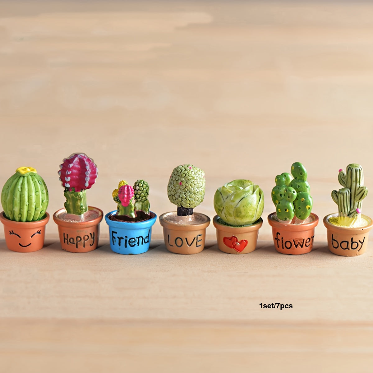 Miniature succulent and cactus fairy garden set with resin ornaments, ideal for small landscapes, desks, cakes, and gardens.