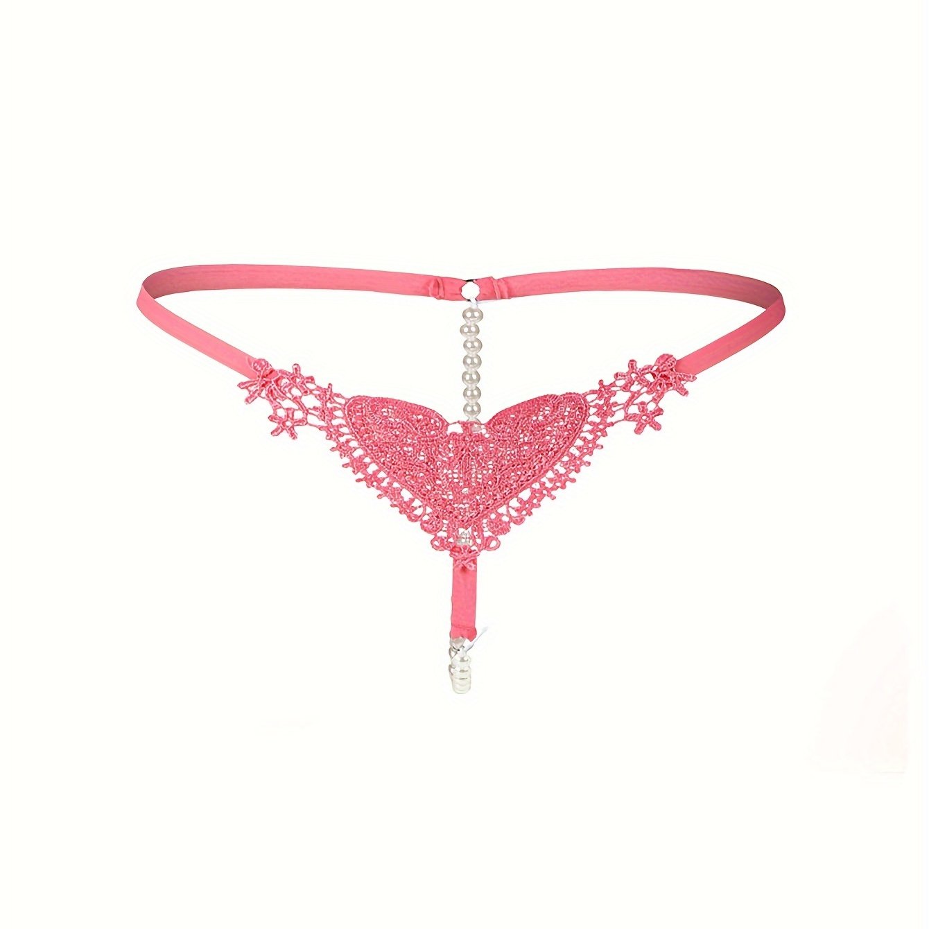 Low-rise thong with pearl embellishments and hollow out design. Breathable polyester, hand washable. Ideal for adults.