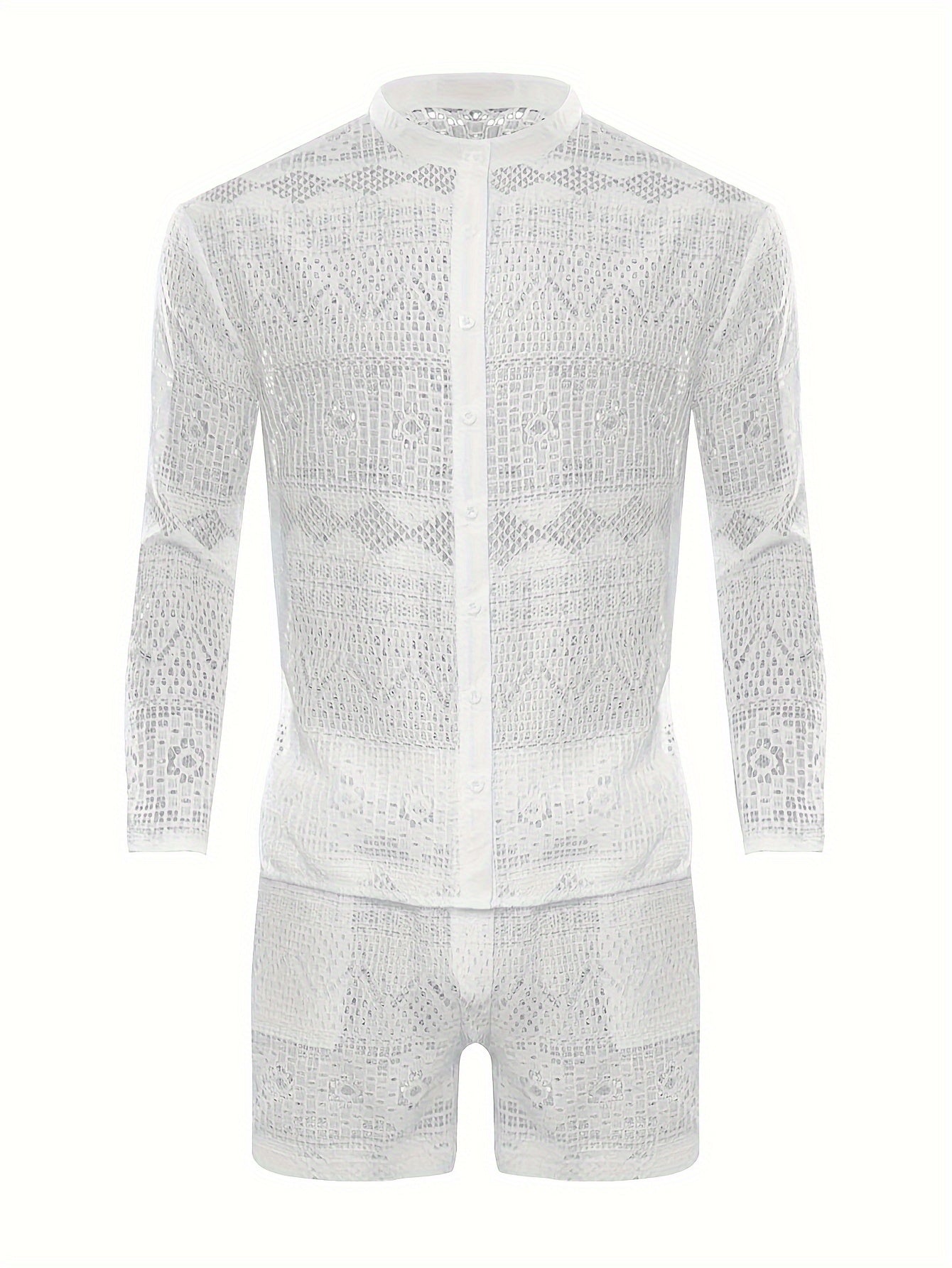 Men's lace sheer shirt + shorts set for beach and night club, perfect for summer.