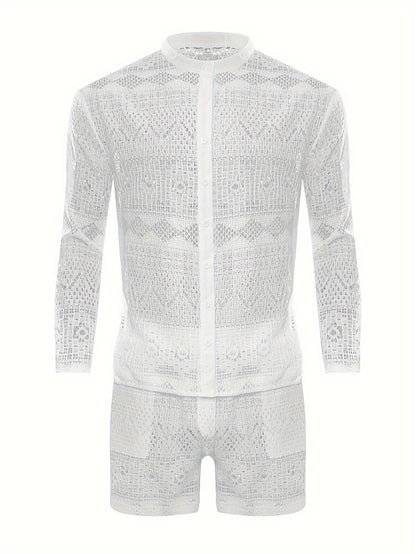 Men's lace sheer shirt + shorts set for beach and night club, perfect for summer.