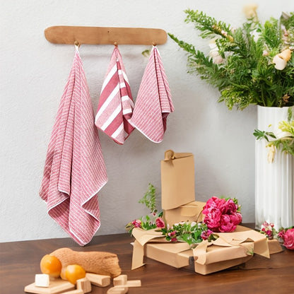 8-piece combination square towel bath set includes 4 square towels (30x30cm), 2 towels (35x75cm), and 2 large bath towels (70x140cm) in various colors and striped design. Highly absorbent, quick drying, and soft towels suitable for bathrooms, showers