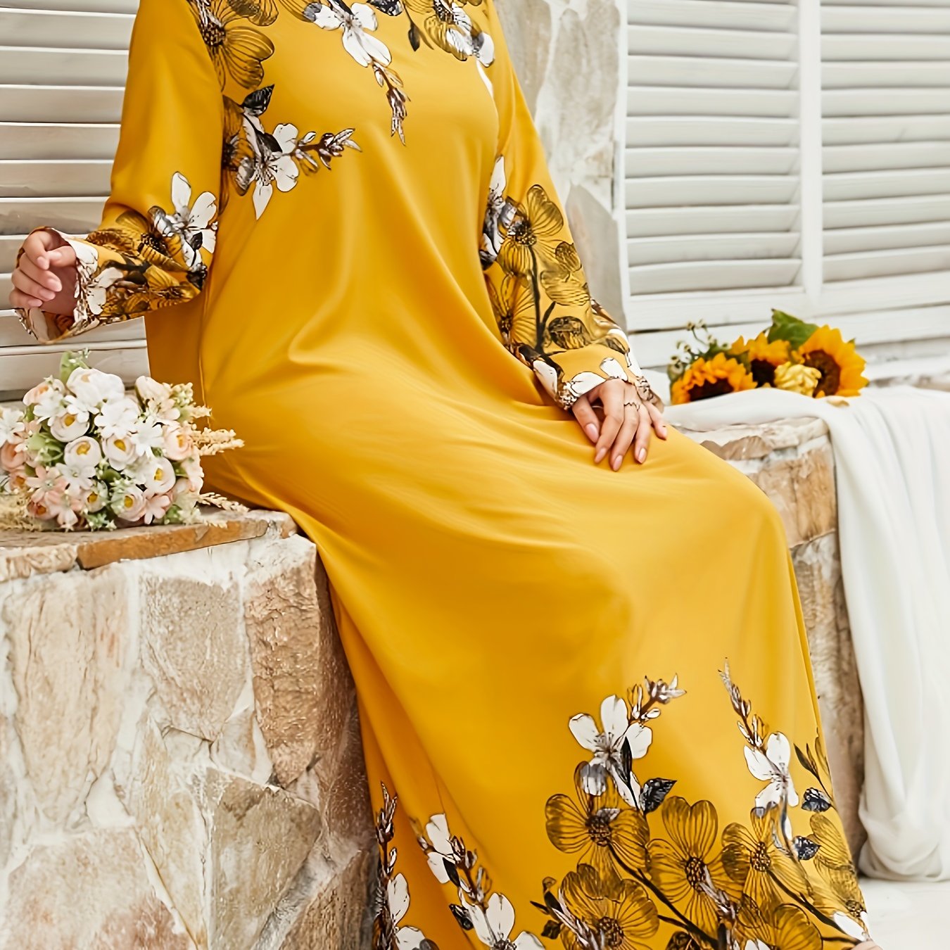 Floral Ankle Length Dress with Long Sleeves, Perfect for Spring & Fall, Plus Size Women's Clothing