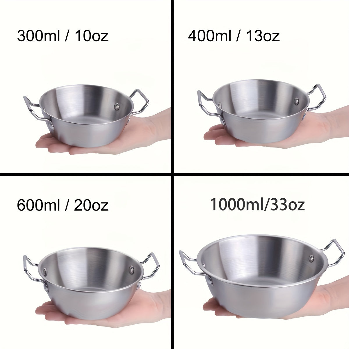 304 stainless steel bowls with handles for cooking, baking, salads, pho, grains in 4 sizes and either gold or silver. Suitable for snacks, noodles, ramen, and Korean side dishes.