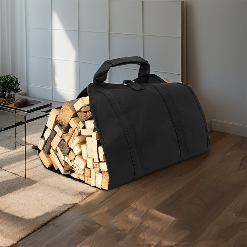 Sturdy Canvas Firewood Carrier Bag with Leather-Like Handles - Spacious, Strong Log Tote for Indoor/Outdoor, Camping & BBQ - Large Capacity, Metal Frame, Black Color - Firewood Organizer