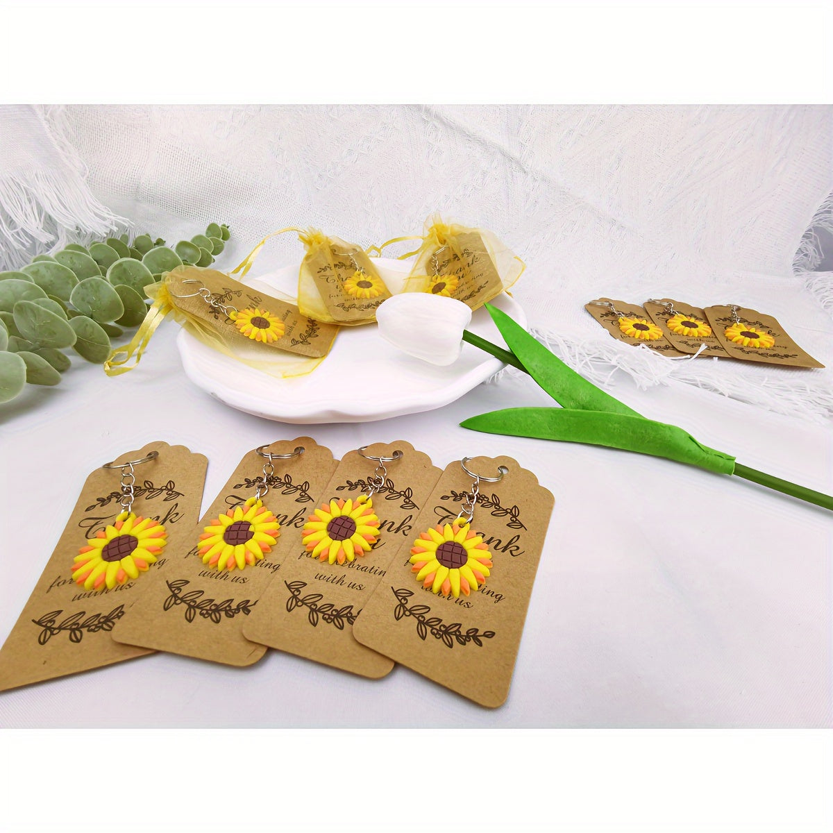 30pc set of sunflower keychain party favors with organza bags, thank you tag, perfect for parties, school rewards, birthdays, weddings, and baby showers.